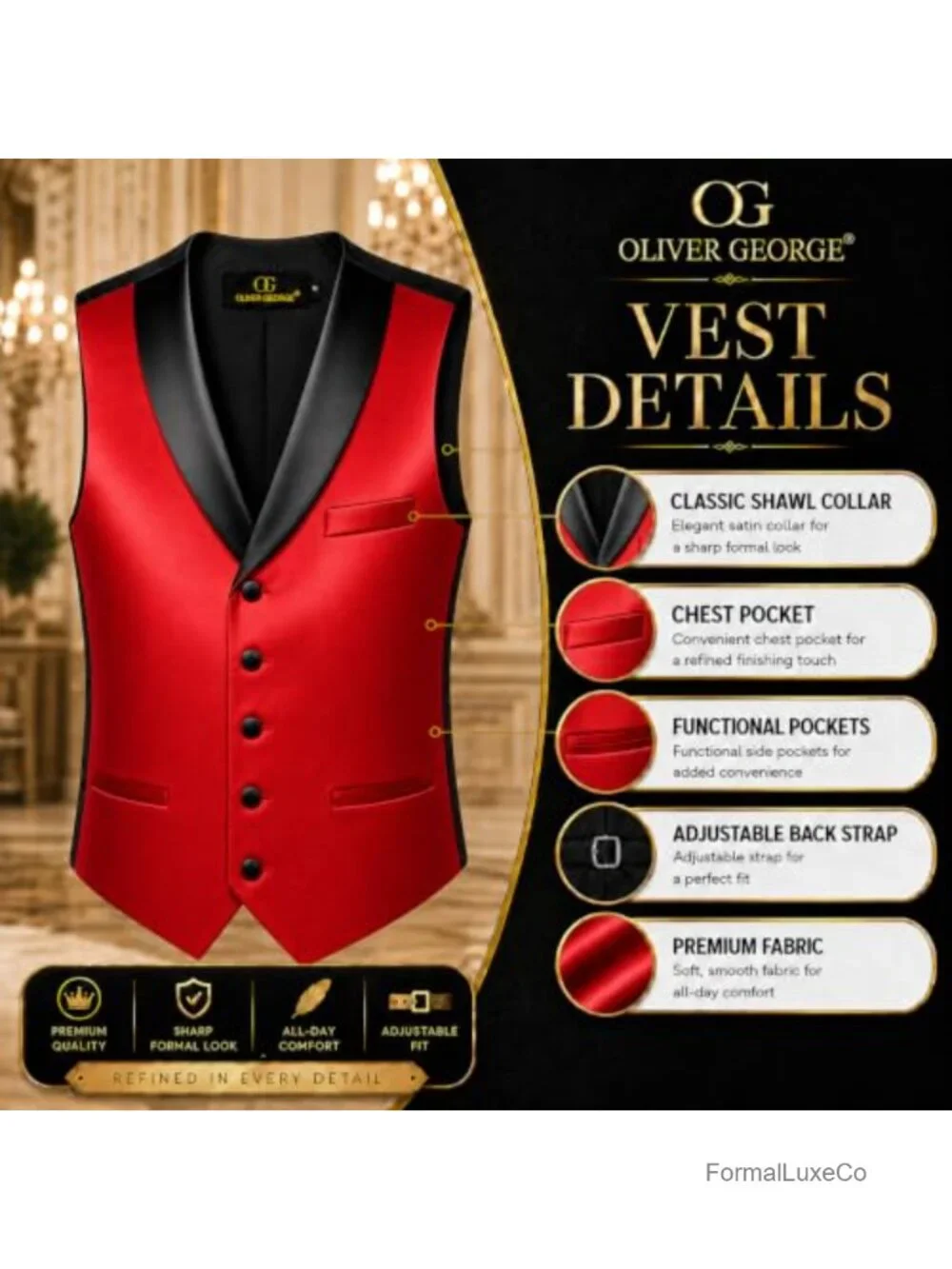 Men's 3-Piece Tuxedo Vest Set with Satin Shawl Lapel, Bow Tie & Handkerchief,
